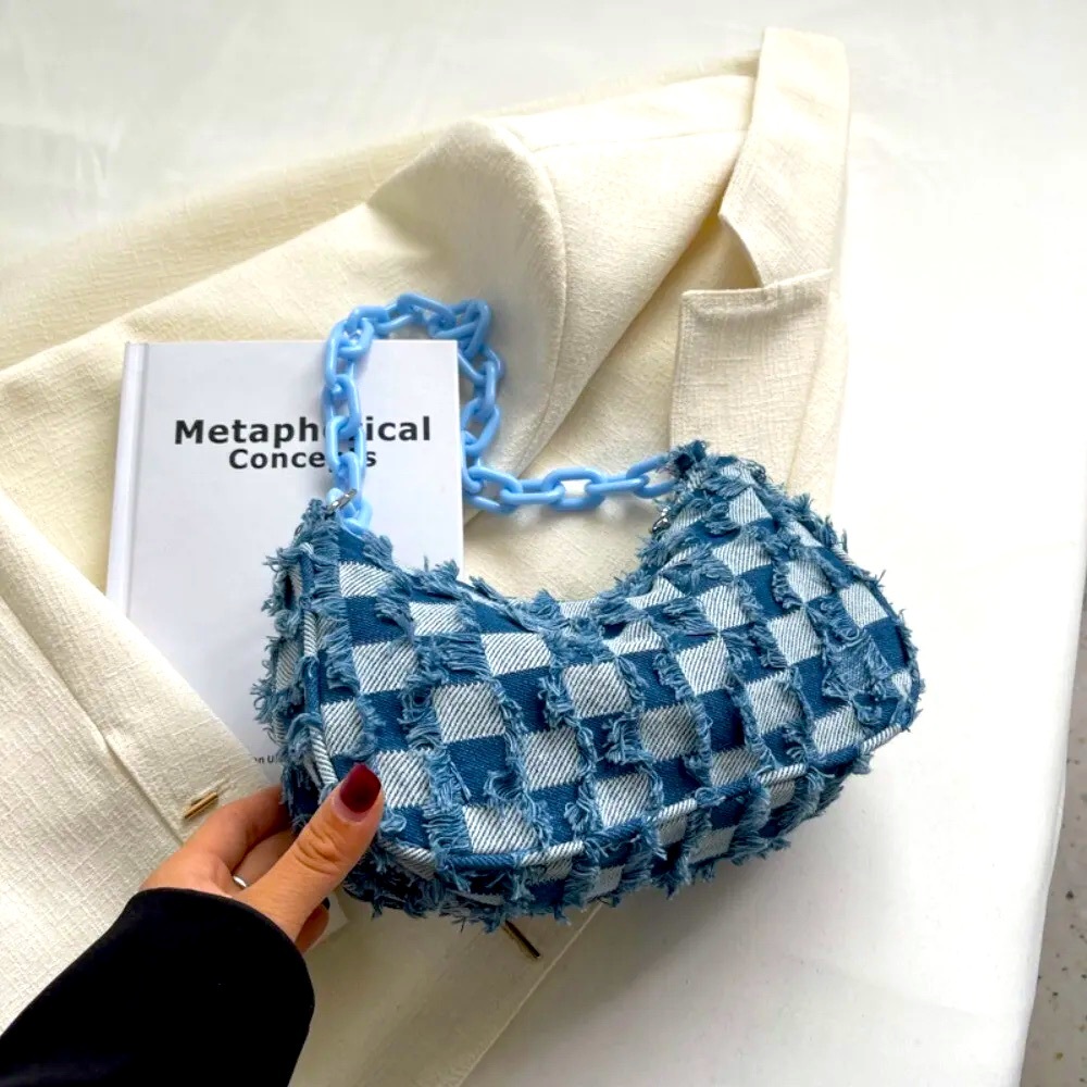 Denim checkered Y2K chunky chain purse